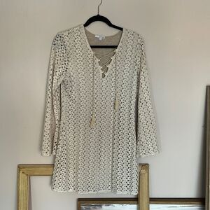 Bohemian Lace + Lined Dress Front V Neck Long Sleeve Size Medium Ivory Vintage